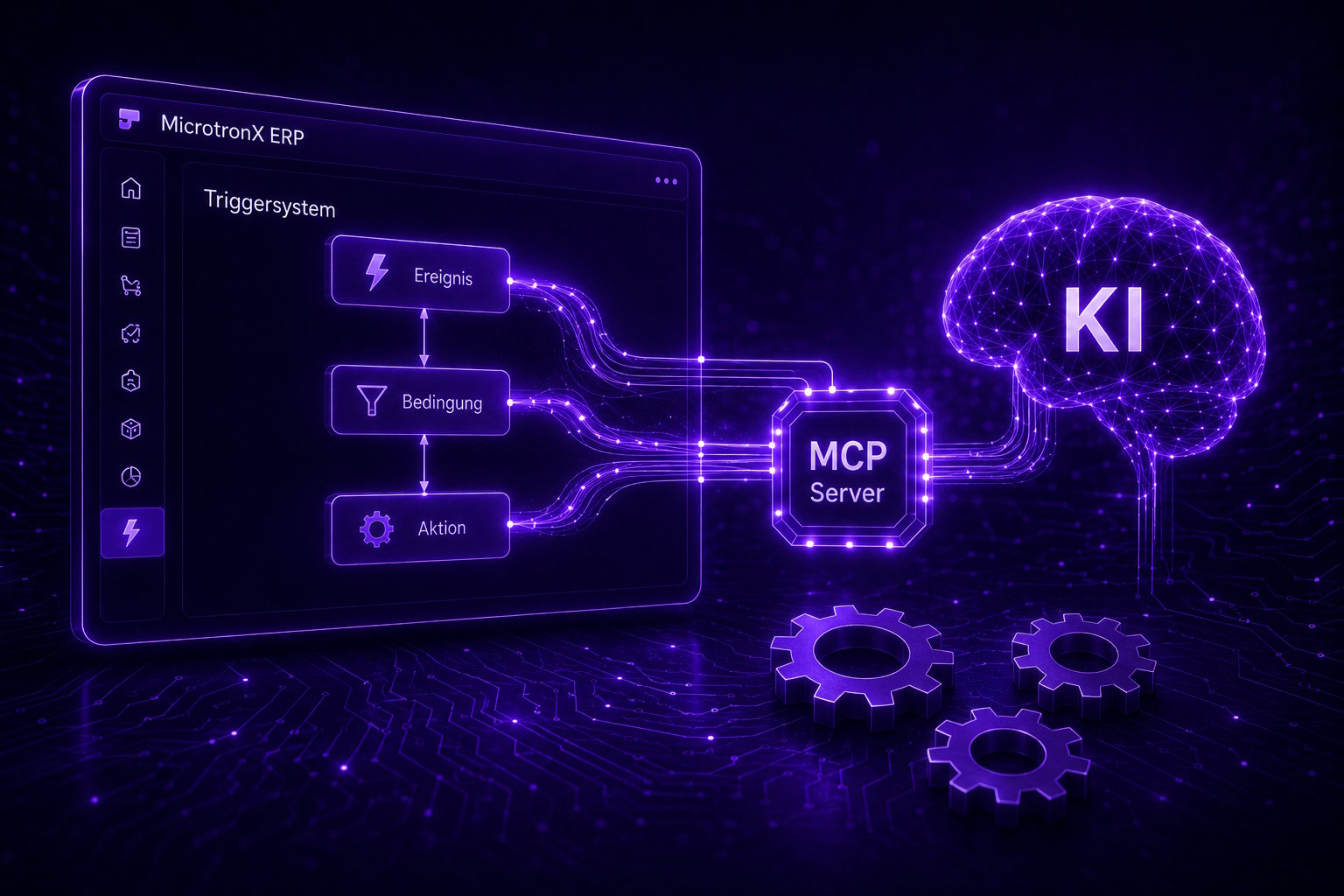 Triggersystem des MicrotronX ERP, verbunden über den MCP-Server mit einer KI